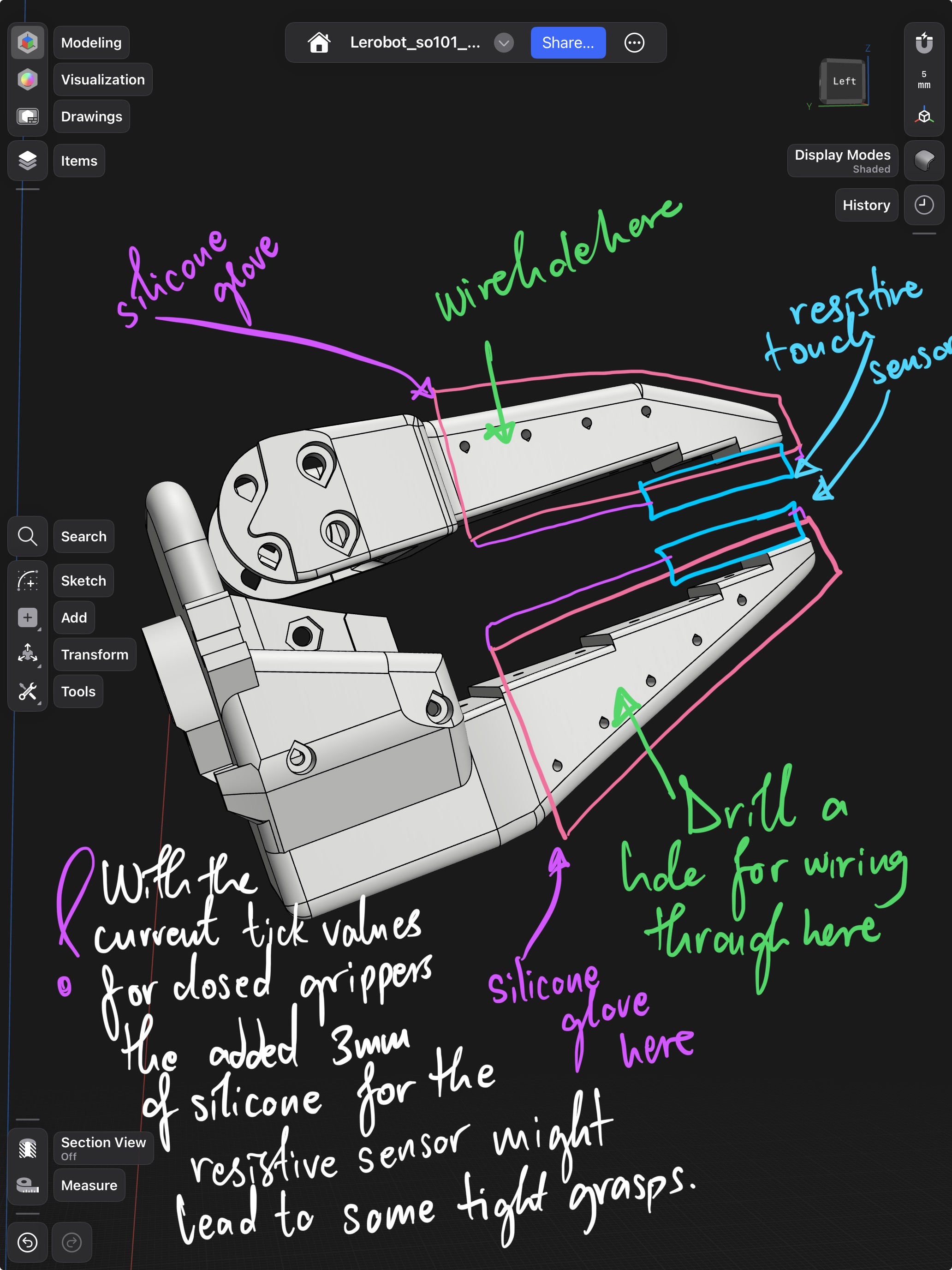 Annotated CAD of FSR gripper — silicone glove, resistive sensor, wire routing notes