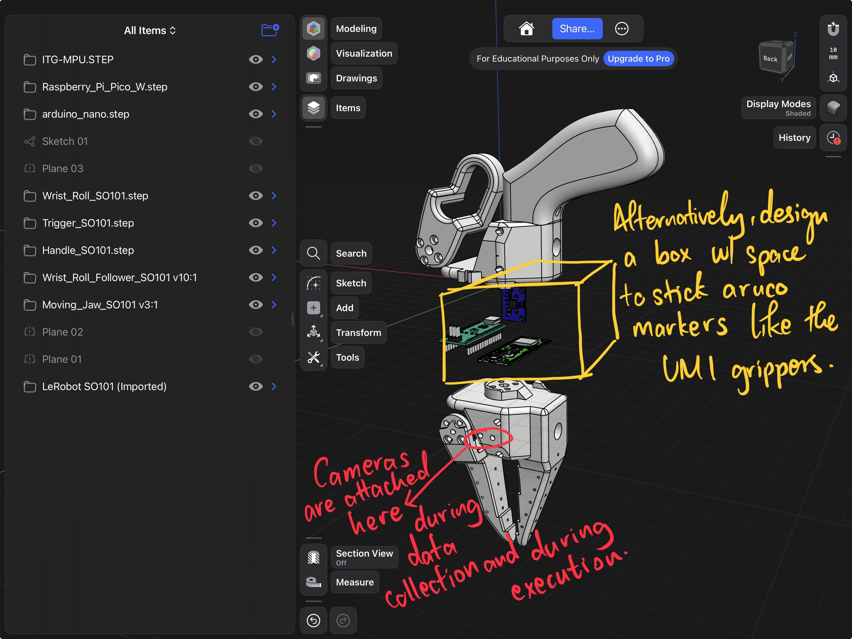 CAD showing ArUco marker box and camera mount design