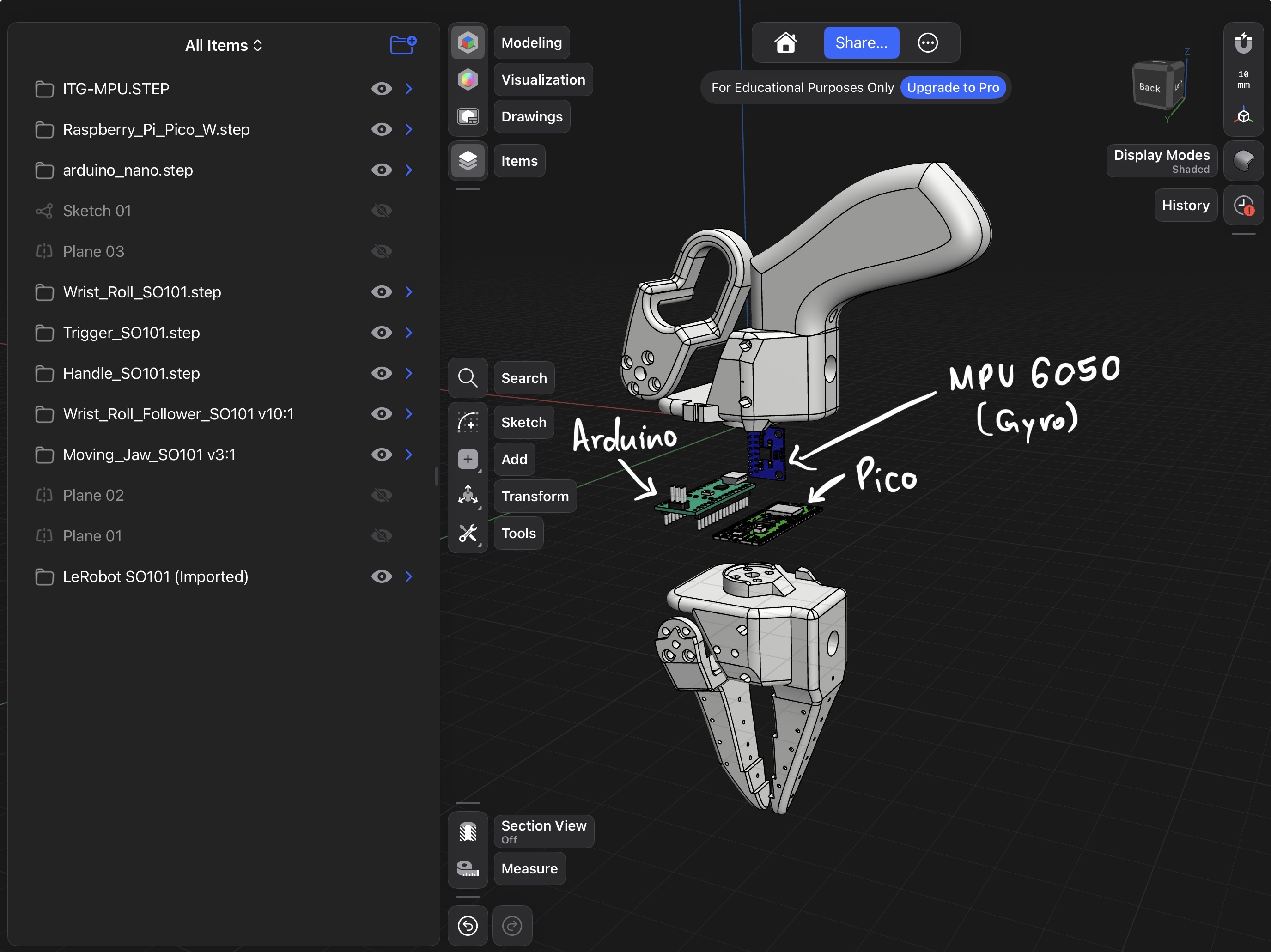 Annotated CAD showing Arduino, Pico, and MPU6050 gyro placement