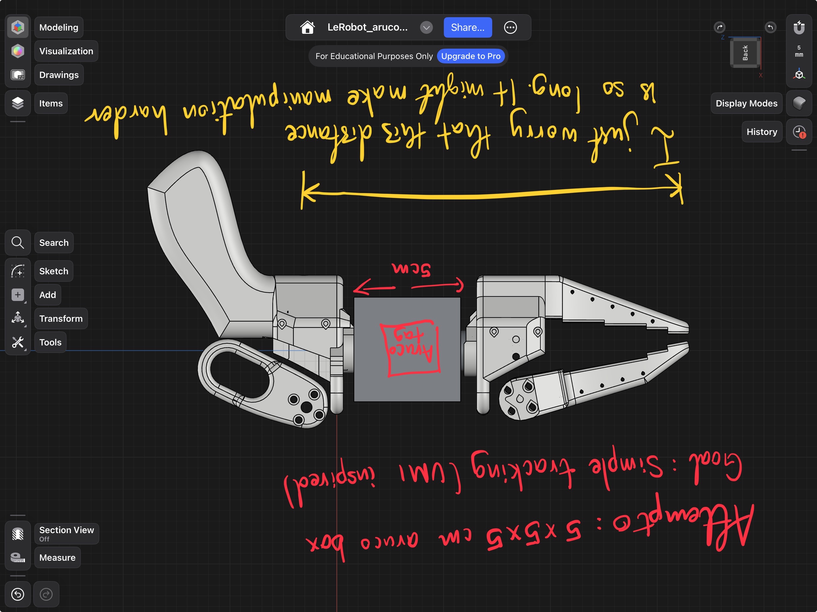 First design iteration — 5x5x5cm ArUco box, simple tracking approach