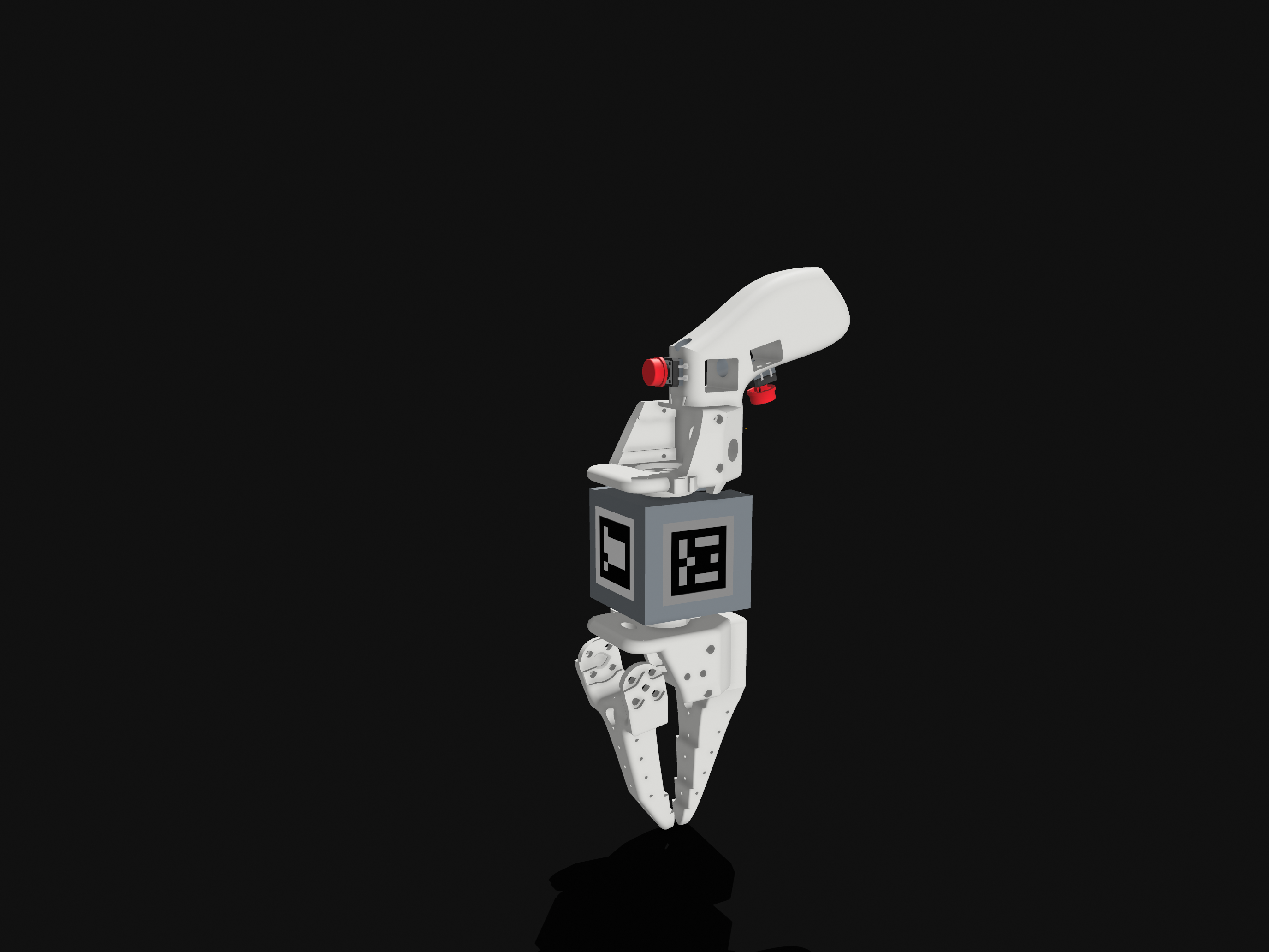 3D render of teleop gripper — front view with ArUco box