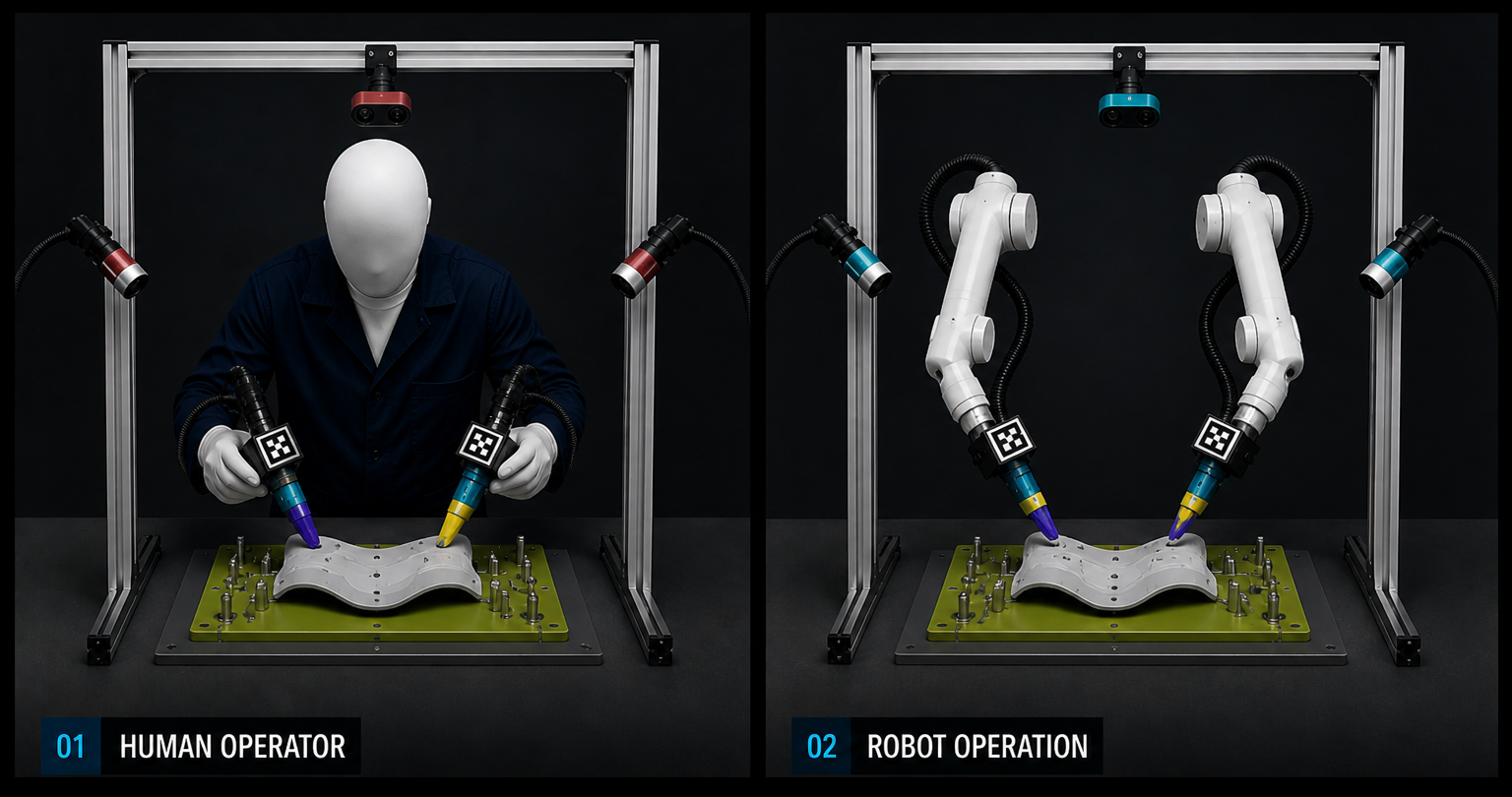 Fitting textile panels into jigs — human operator vs robot operation