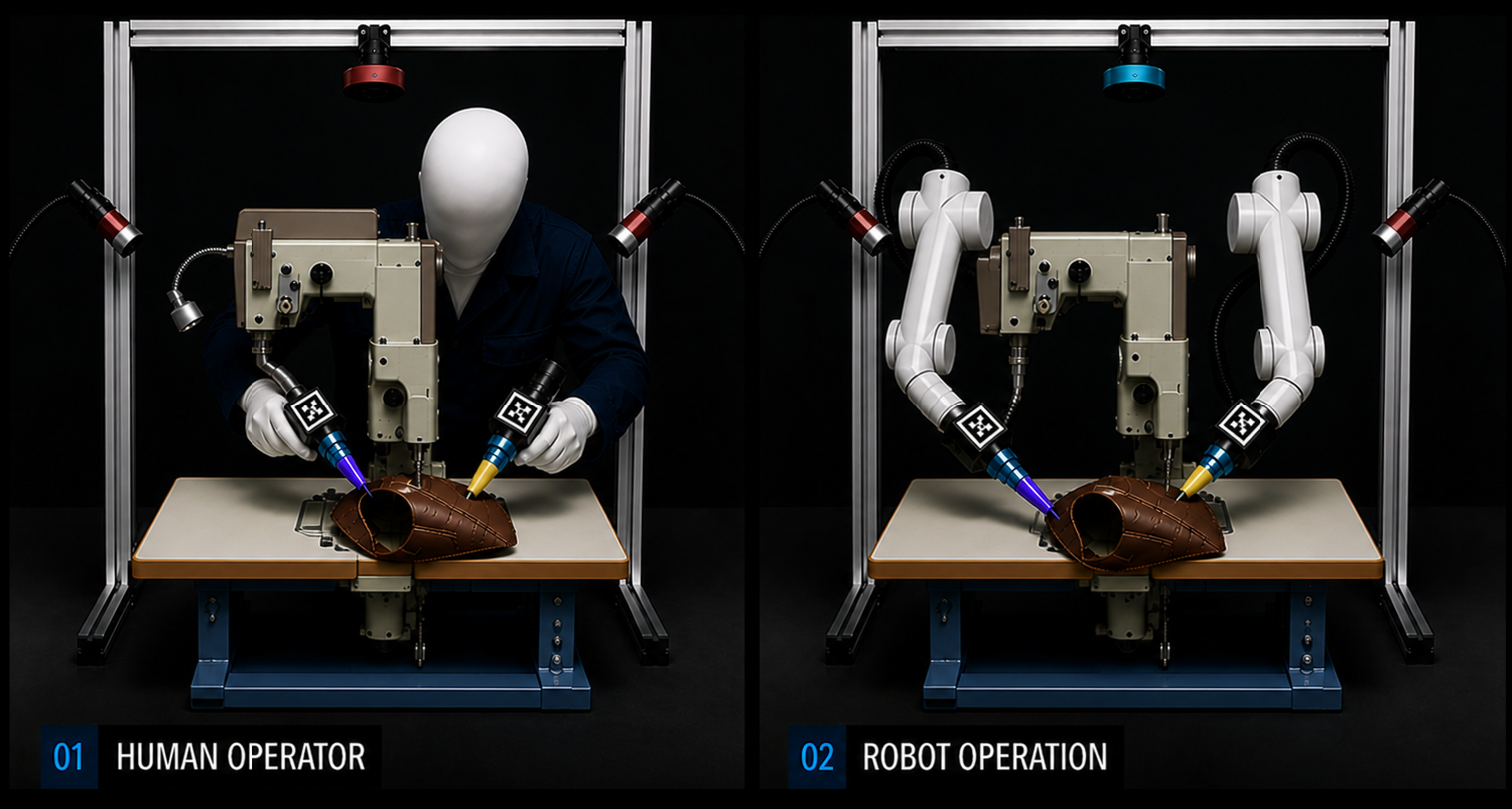 Shoe upper sewing — human operator vs robot operation